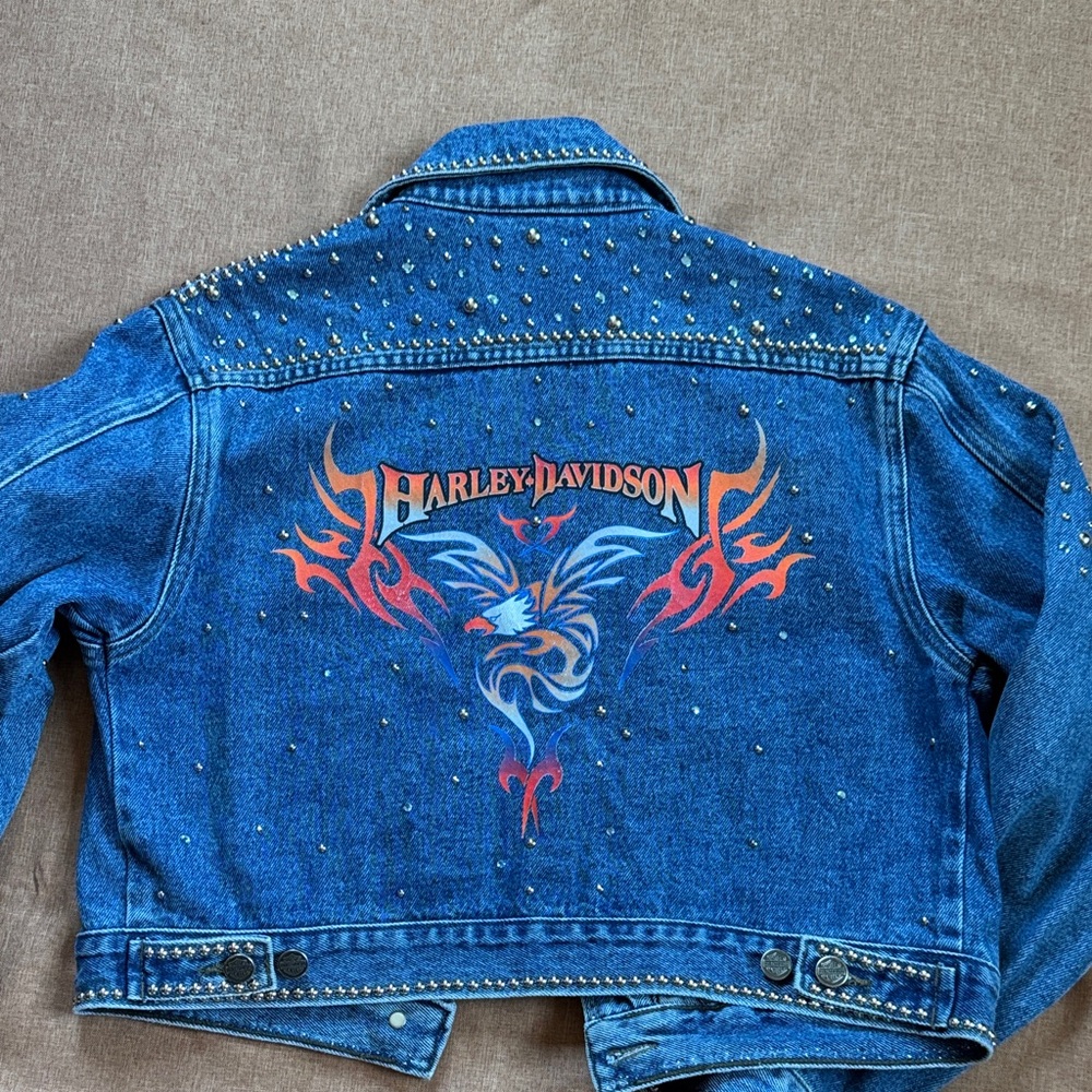 Harley-Davidson Studded Rhinestone Denim Jacket Retro Bling Cropped Phoenix